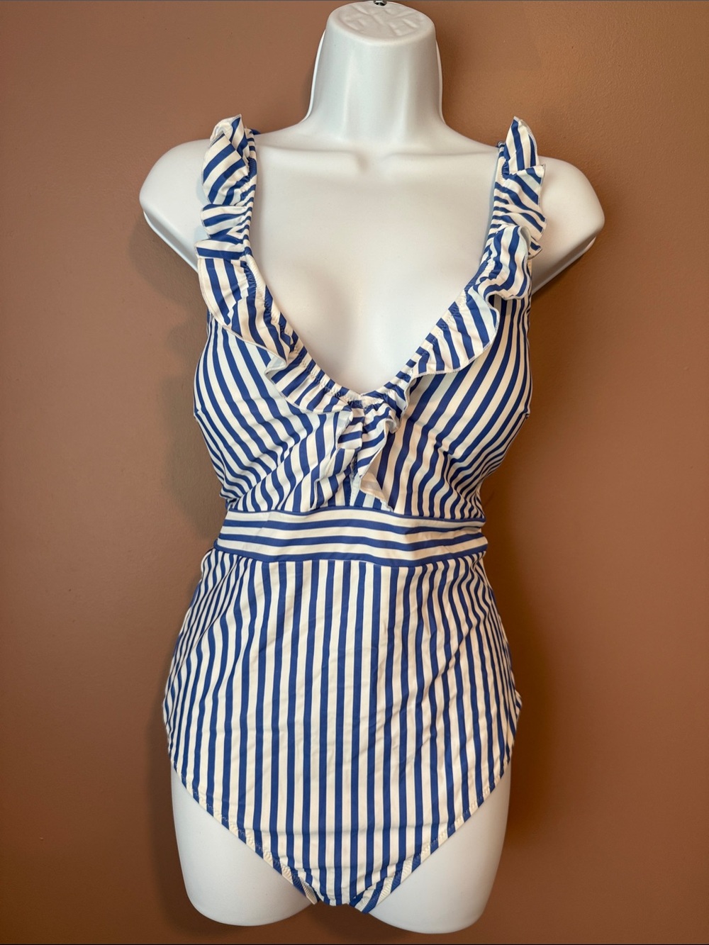 Blue & White Striped One-Piece Swimsuit with Crossback Straps